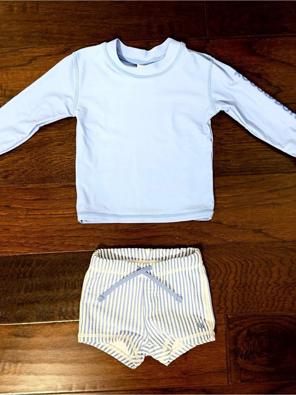Rugged Butts Blue Seersucker Swim Shorts w matching Rash Guard Top 12-18 mo